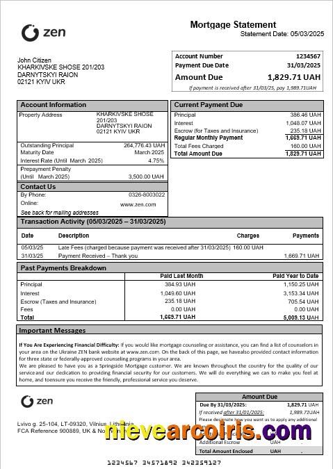 Ukraine ZEN mortgage statement